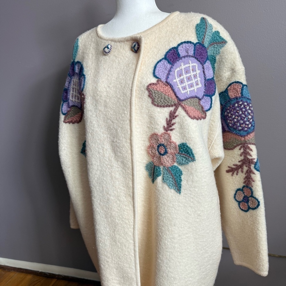 Vintage 80s S.S.G Catharine Lover Wool Floral Embroidered Car Coat Cloak Large - Picture 5 of 8